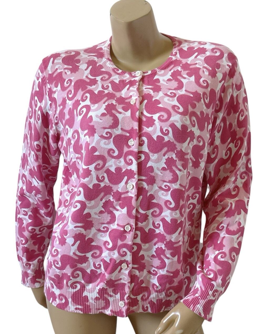 Impulse Casual Cardigan Sweater Womens Petite L 14-16 Pink Seahorse Print Button